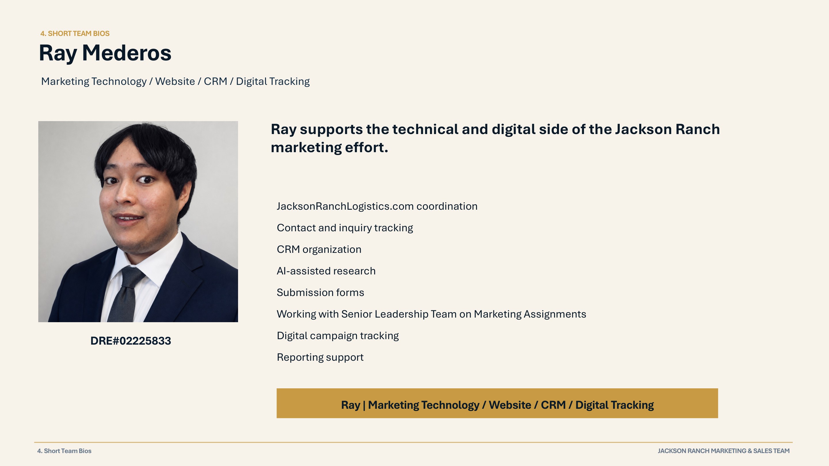 Ray Mederos — Marketing Technology / Website / CRM / Digital Tracking. Supports the technical and digital side of the Jackson Ranch marketing effort. DRE#02225833.